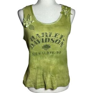 Harley Women's 90s 00s Y2k Biker Motorcycle 3D Floral Sleeveless Tank Top Tee XL